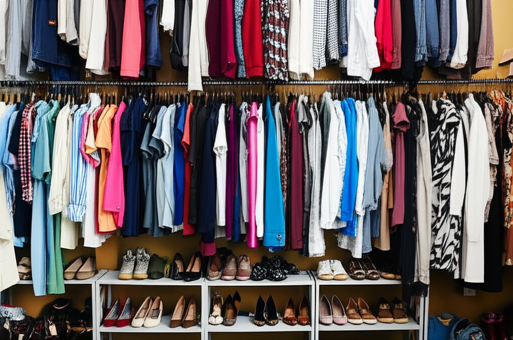 Variety of used clothing and shoes in different styles