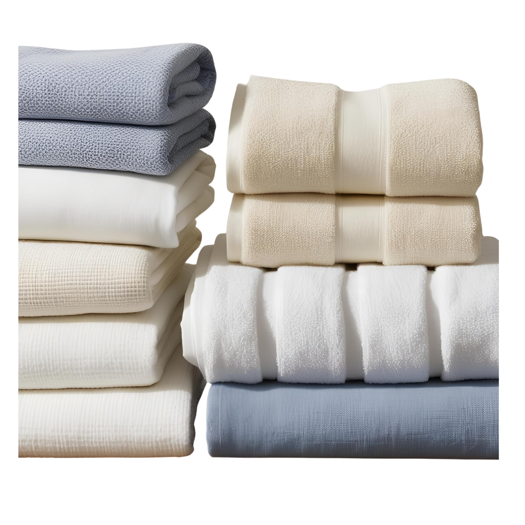 Neatly stacked household textiles including towels and linens in neutral colors